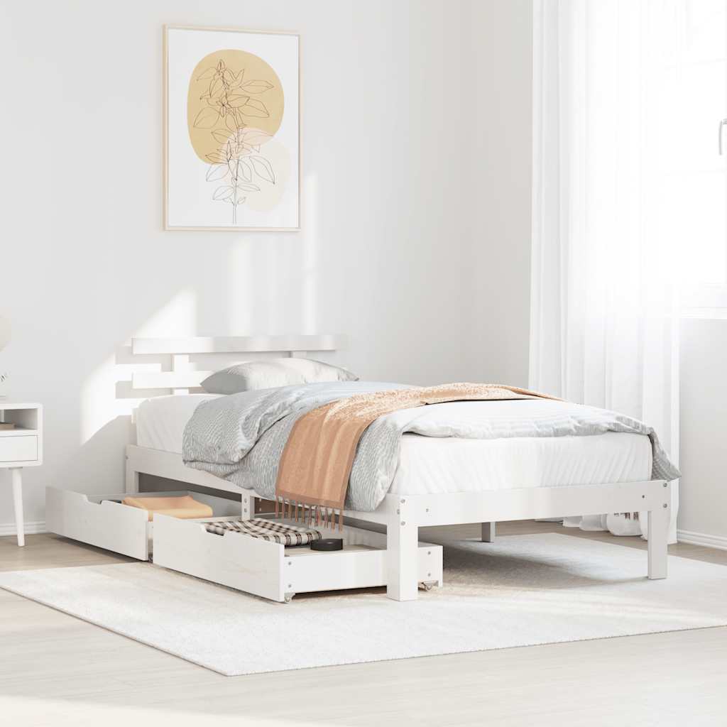 Bedframe met lades massief grenenhout wit 100x200 cm is nu te koop bij PeponiXL, paradijselijk wonen!