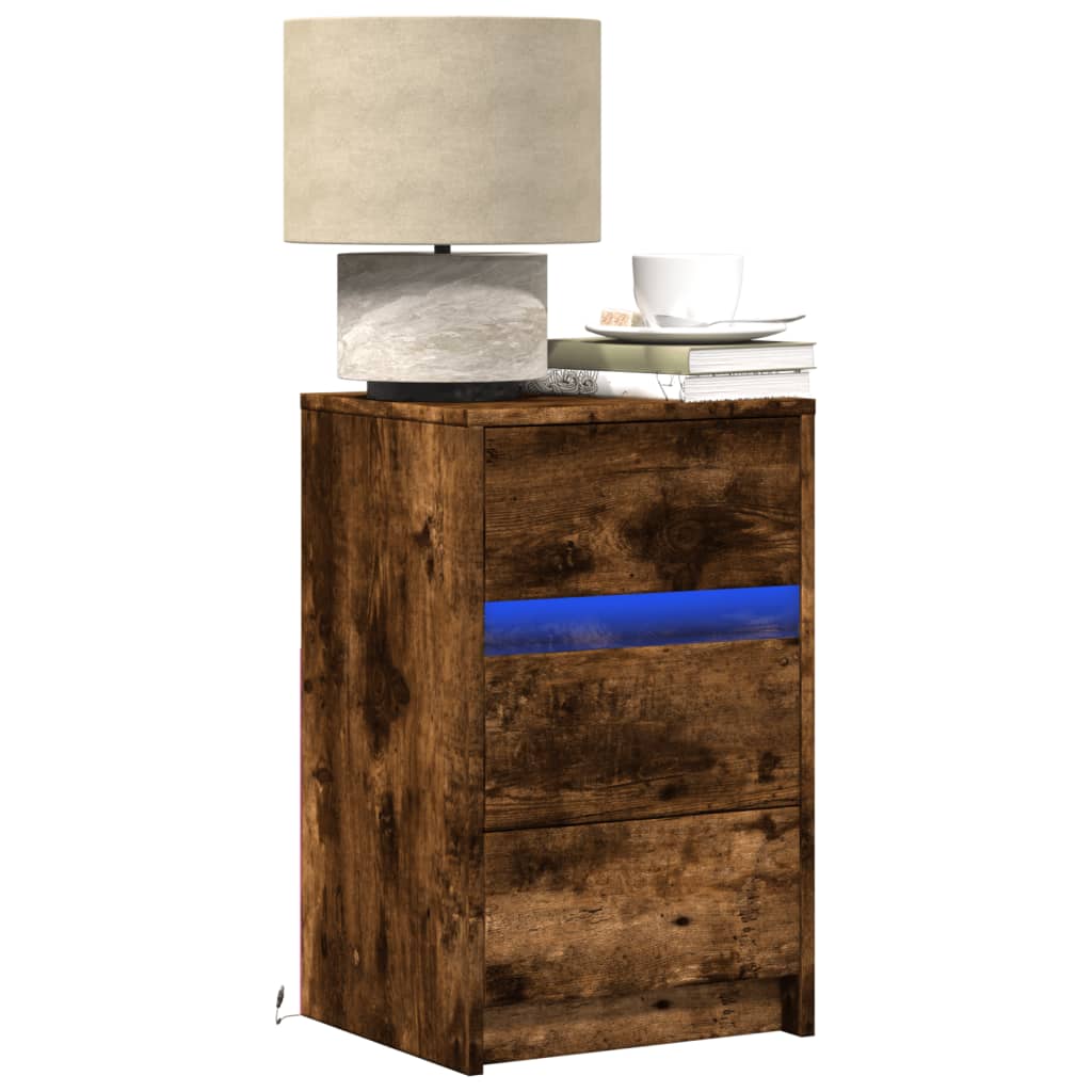 nachtkastje met LED-verlichting bewerkt hout gerookt eikenkleur is nu te koop bij PeponiXL, paradijselijk wonen!