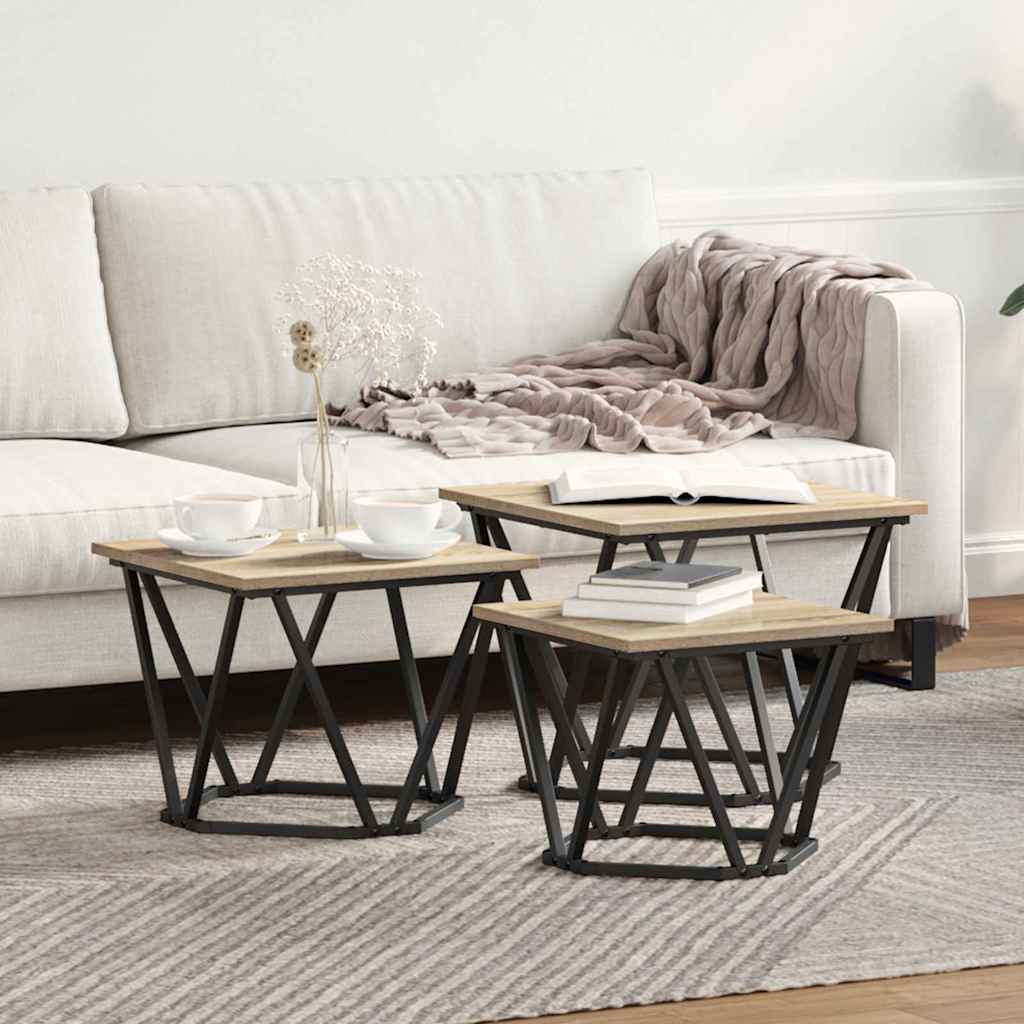 Salontafel 3 pcs Sonoma Eiken Engineered hout en staal is nu te koop bij PeponiXL, paradijselijk wonen!