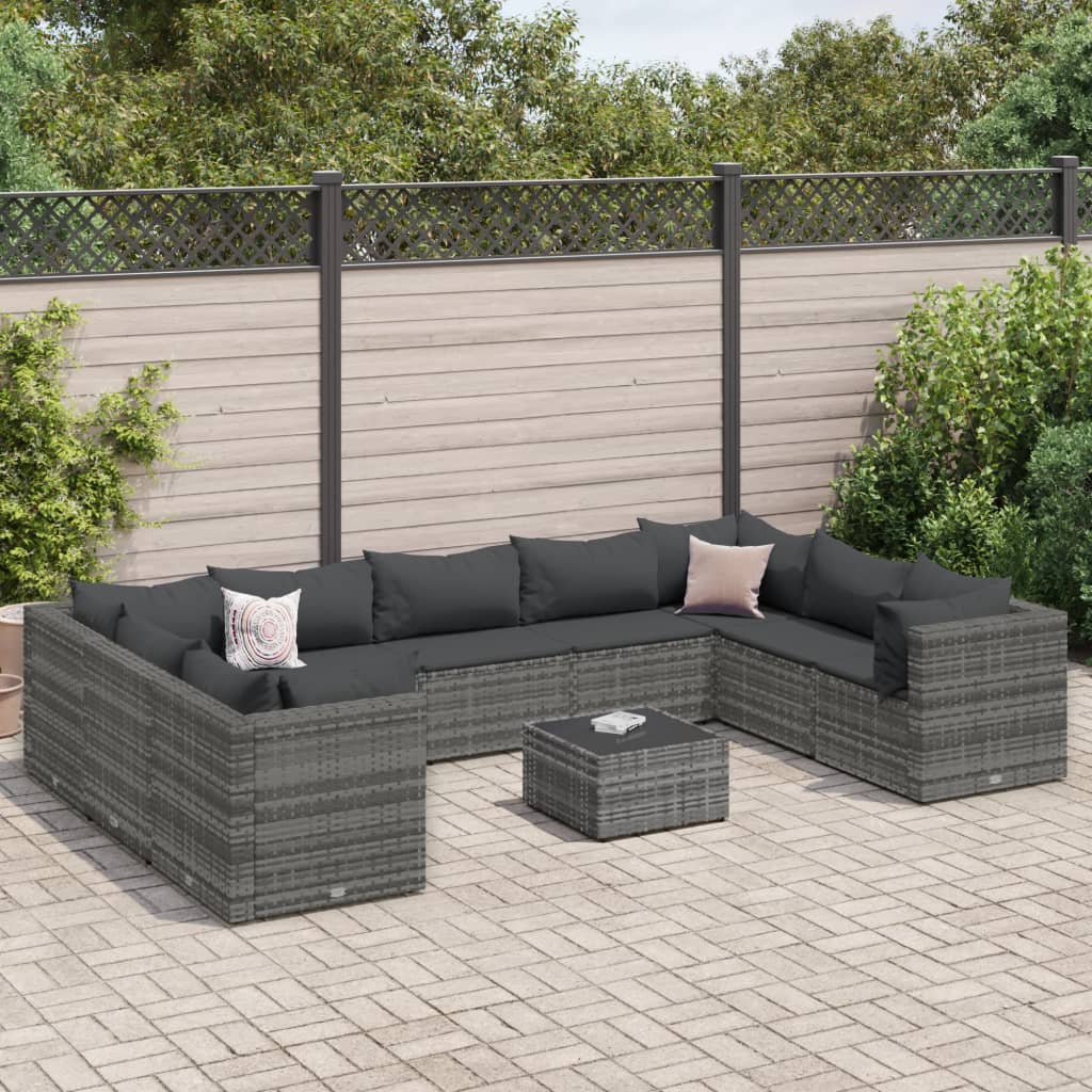10-delige Loungeset met kussens poly rattan grijs is nu te koop bij PeponiXL, paradijselijk wonen!