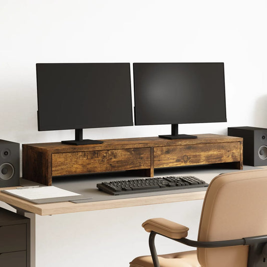 Monitorstandaard met lades 100x27x15 cm hout gerookt eikenkleur is nu te koop bij PeponiXL, paradijselijk wonen!