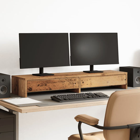 Monitorstandaard met lades 100x27x15 cm hout oud houtkleurig is nu te koop bij PeponiXL, paradijselijk wonen!