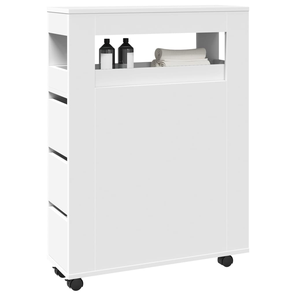 Badkamerkast smal met wielen bewerkt hout wit is nu te koop bij PeponiXL, paradijselijk wonen!