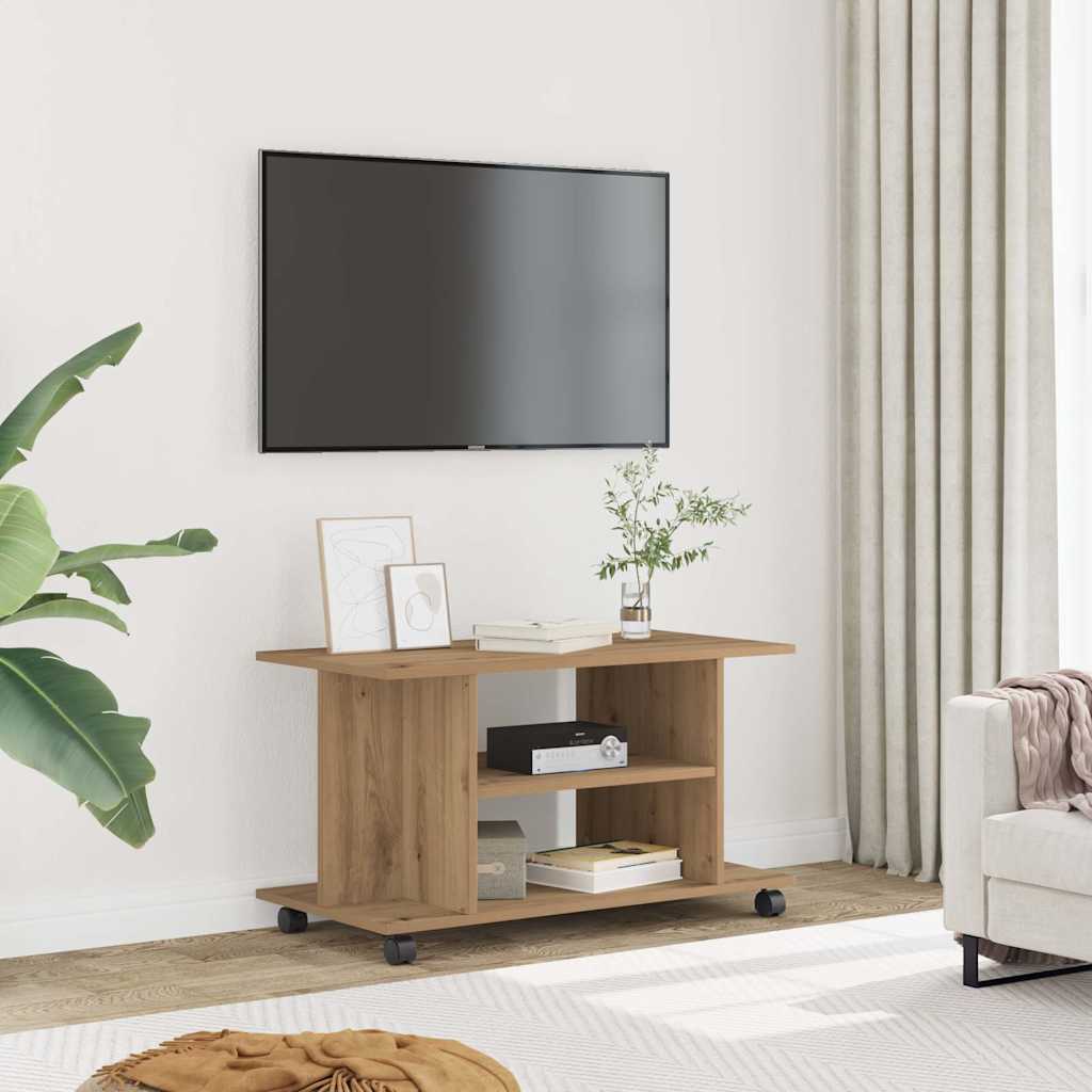 Tv-meubel met wieltjes 80x40x45cm bewerkt hout artisanaal eiken is nu te koop bij PeponiXL, paradijselijk wonen!