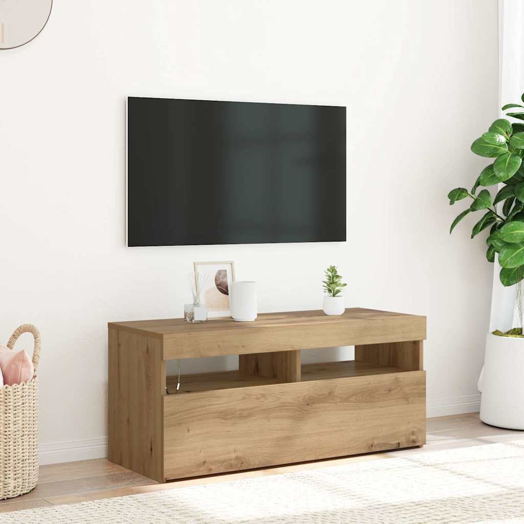 Tv-meubel met LED 90x35x40 cm bewerkt hout artisanaal eiken is nu te koop bij PeponiXL, paradijselijk wonen!