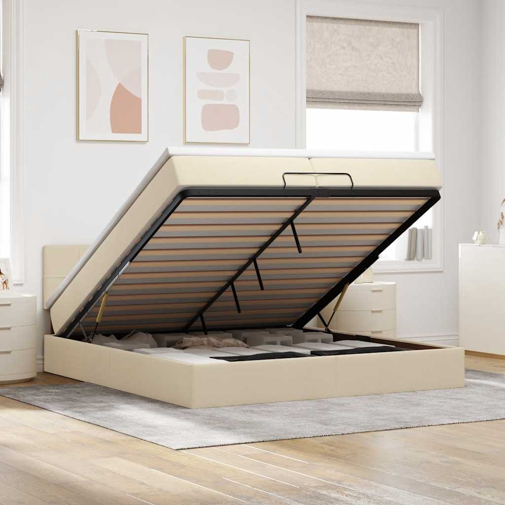 Ottoman bed met matras 200x200 cm stof crèmekleurig is nu te koop bij PeponiXL, paradijselijk wonen!