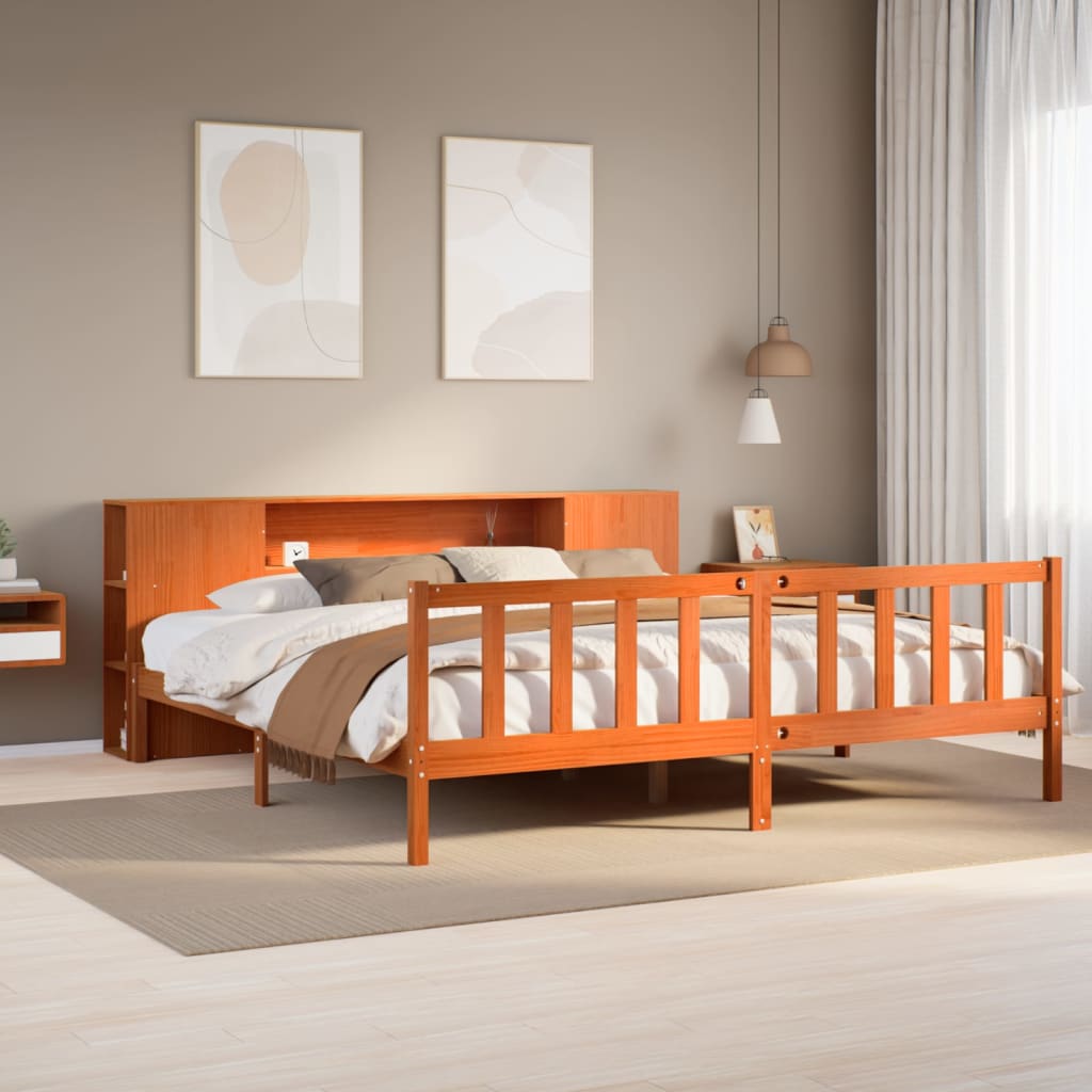 Bed met boekenkast zonder matras grenenhout wasbruin 200x200 cm is nu te koop bij PeponiXL, paradijselijk wonen!