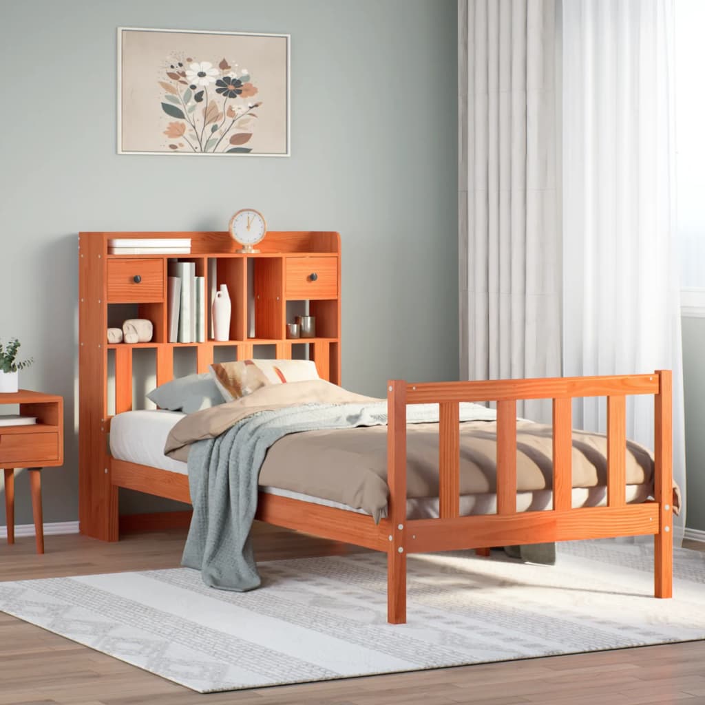 vidaXL Bed met boekenkast zonder matras grenenhout wasbruin 75x190 cm