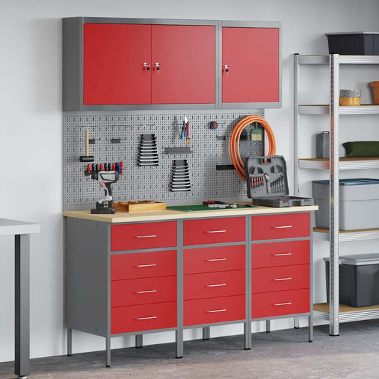 Werk kast met lade met slot 8 st Rood Engineered hout en staal is nu te koop bij PeponiXL, paradijselijk wonen!