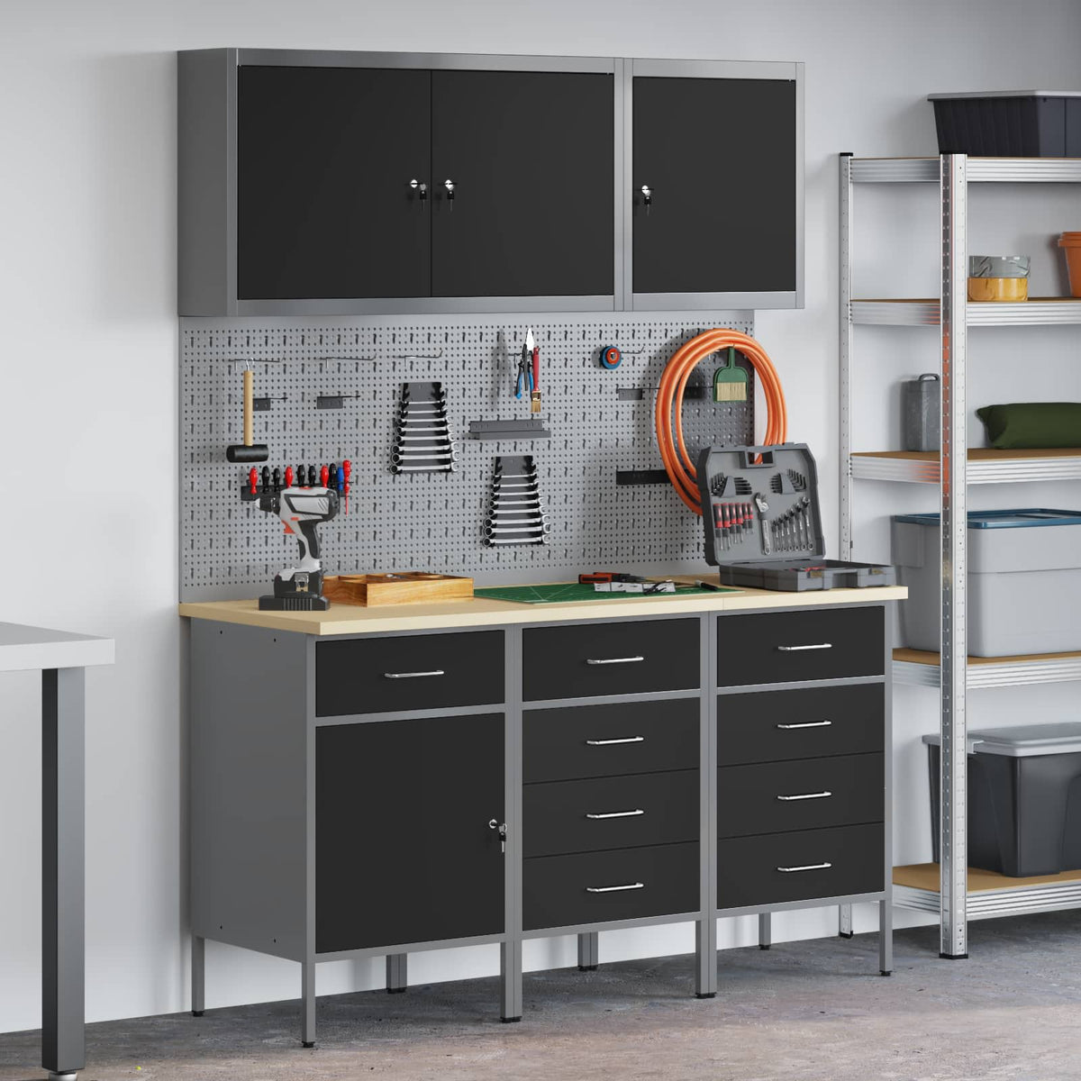 Werk kast met lade met slot 8 st Zwart Engineered hout en staal is nu te koop bij PeponiXL, paradijselijk wonen!