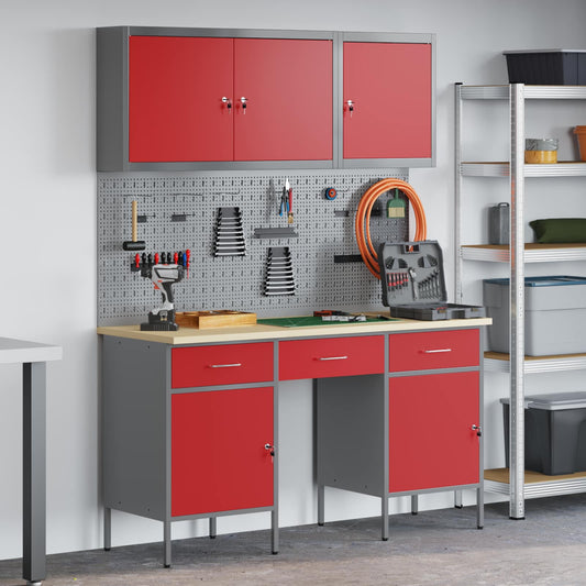 Werk kast 8 st Rood en Grijs Engineered hout en staal is nu te koop bij PeponiXL, paradijselijk wonen!