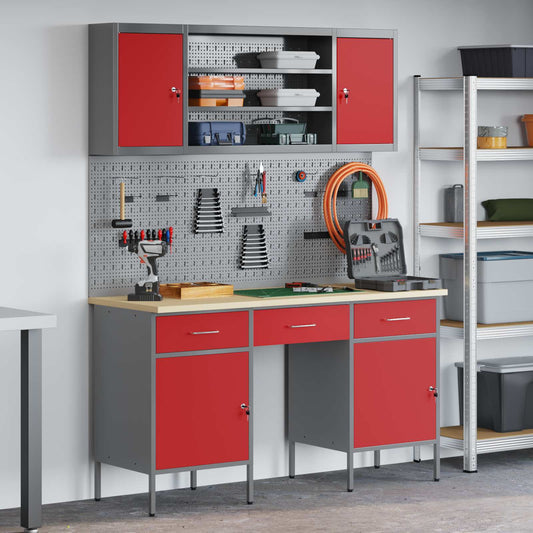Werk kast 7 st Rood en Grijs Engineered hout en staal is nu te koop bij PeponiXL, paradijselijk wonen!