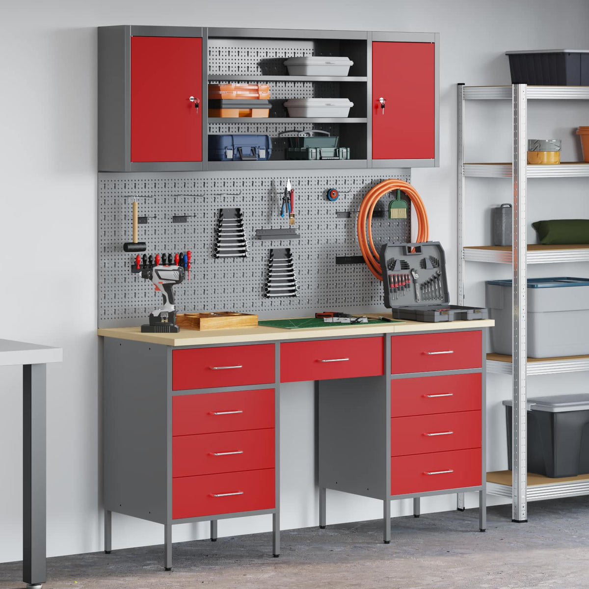 Werk kast met lade met slot 8 st Rood Engineered hout en staal is nu te koop bij PeponiXL, paradijselijk wonen!
