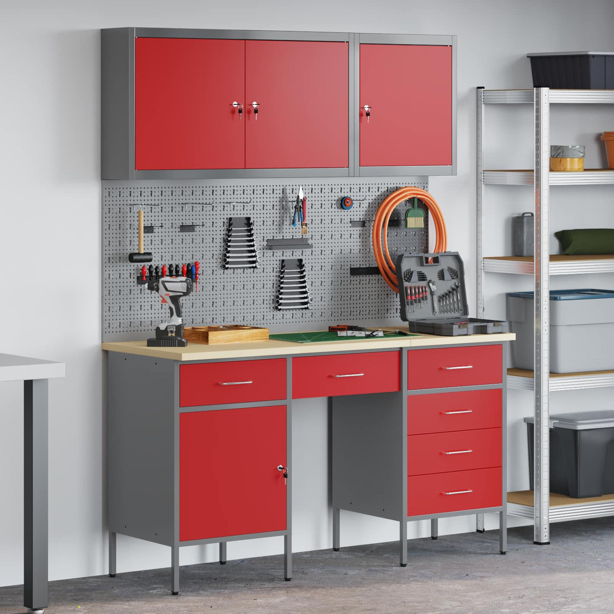 Werk kast met lade met slot 8 st Rood Engineered hout en staal is nu te koop bij PeponiXL, paradijselijk wonen!