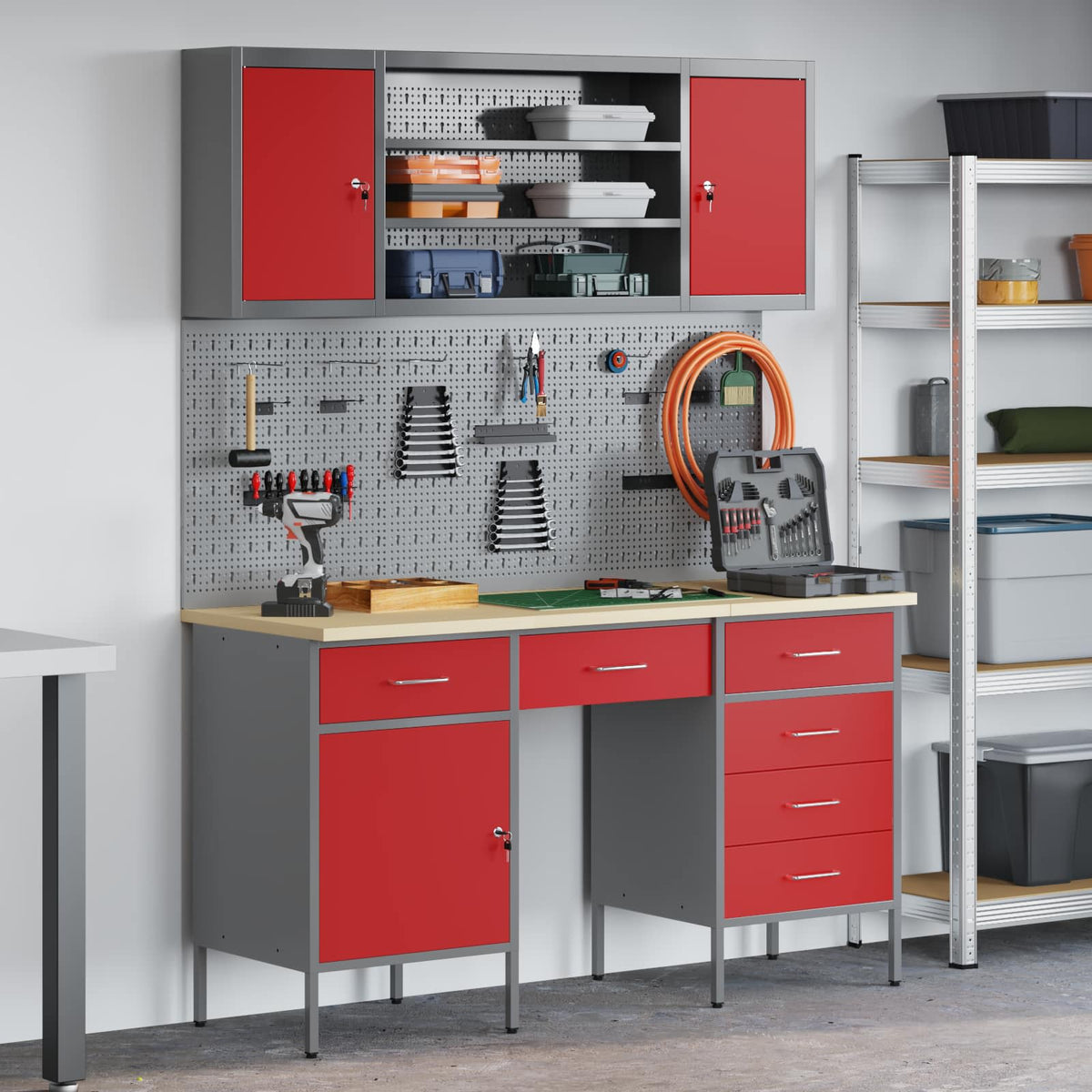 Werk kast met lade met slot 8 st Rood Engineered hout en staal is nu te koop bij PeponiXL, paradijselijk wonen!