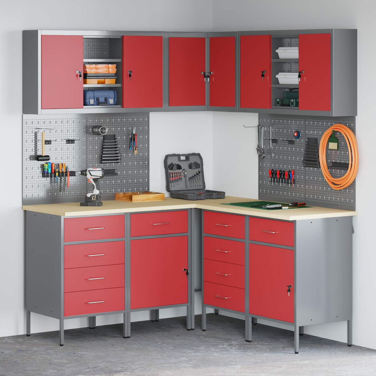 Werkkast set met lade met plank met opslag 12 st Rood en Grijs is nu te koop bij PeponiXL, paradijselijk wonen!