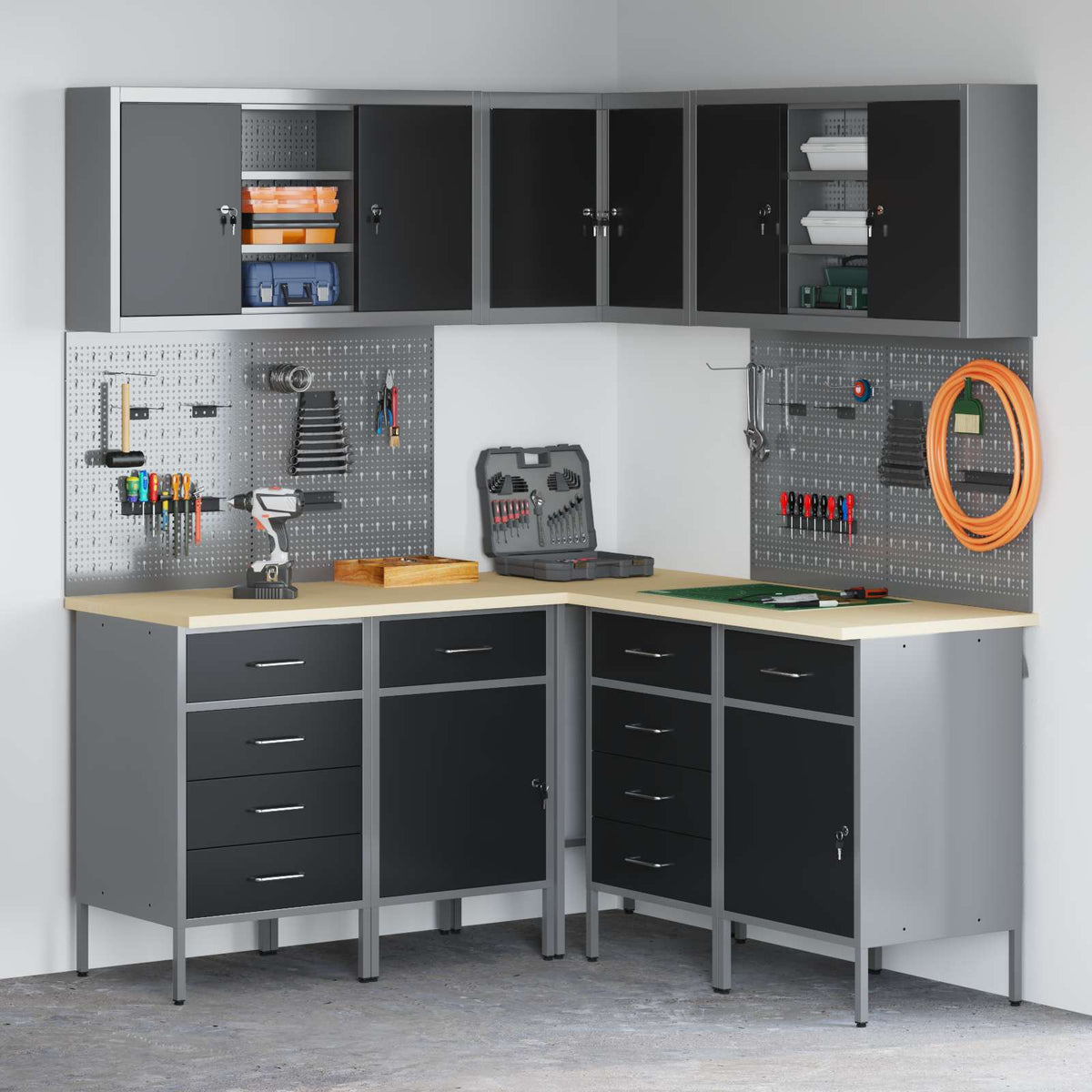 Werkkast set met lade met plank met opslag 12 st Zwart en Grijs is nu te koop bij PeponiXL, paradijselijk wonen!