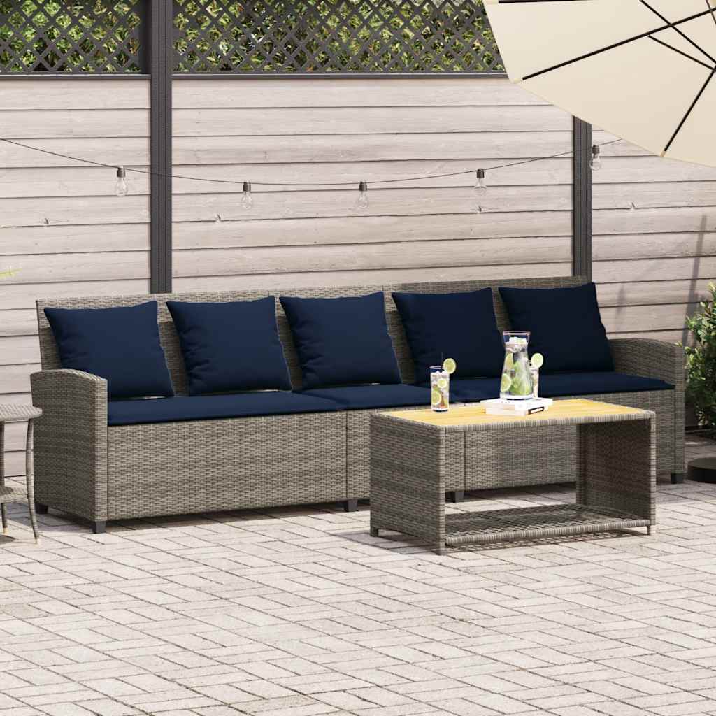 vidaXL Tuinbank 5-zits met kussens poly rattan grijs