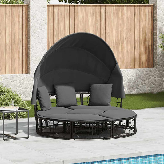 Loungebed met luifel en kussens poly rattan zwart is nu te koop bij PeponiXL, paradijselijk wonen!