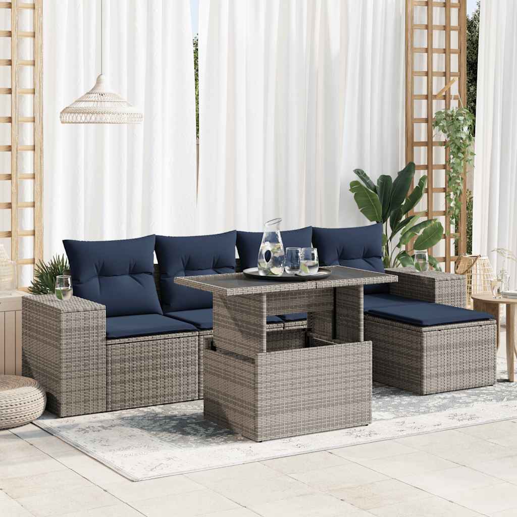 6-delige Loungeset met kussens poly rattan acacia grijs is nu te koop bij PeponiXL, paradijselijk wonen!