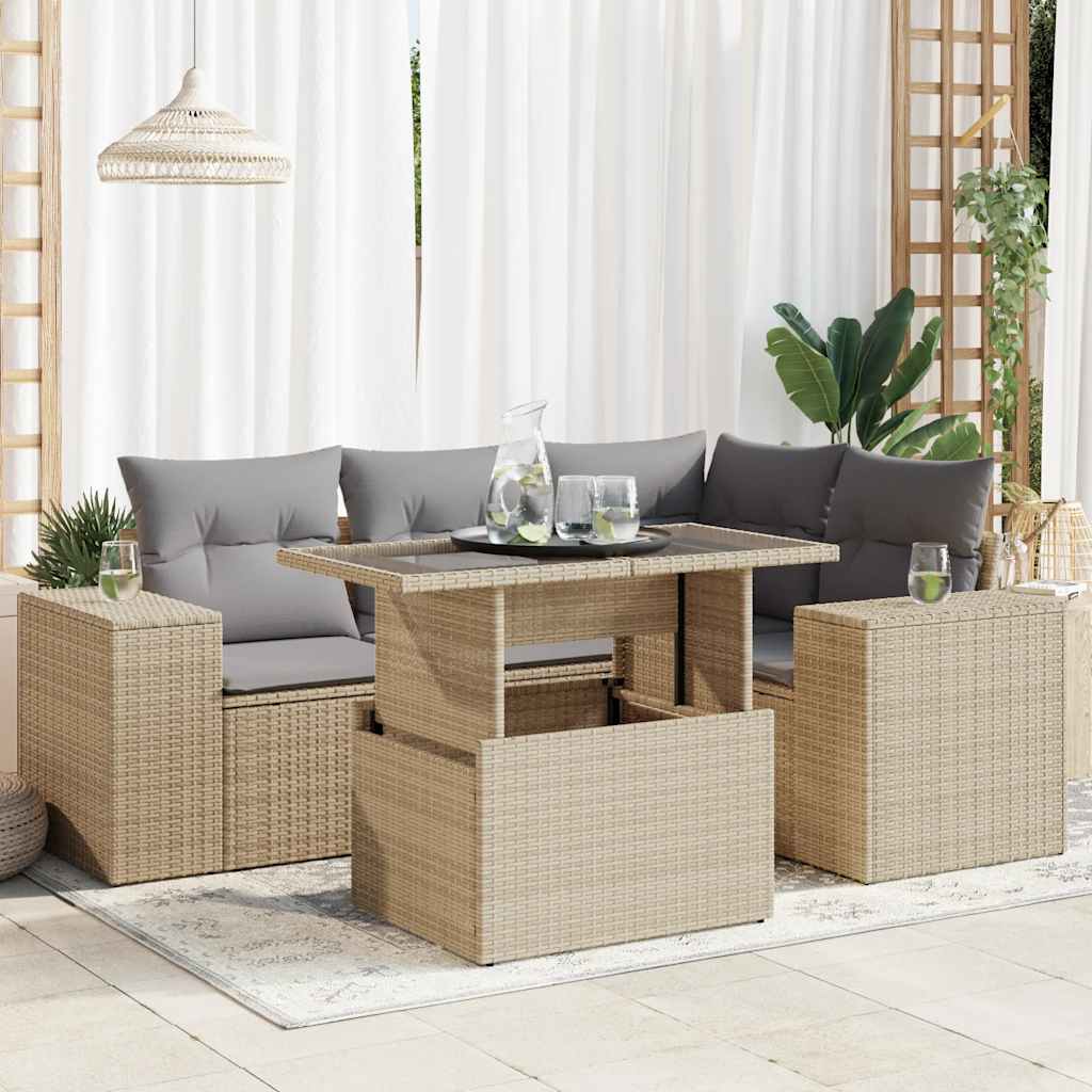 5-delige Loungeset met kussens poly rattan beige is nu te koop bij PeponiXL, paradijselijk wonen!