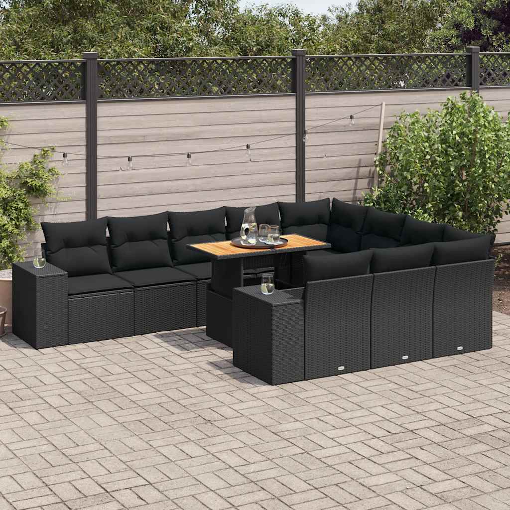 10-delige Loungeset met kussens poly rattan acacia zwart is nu te koop bij PeponiXL, paradijselijk wonen!