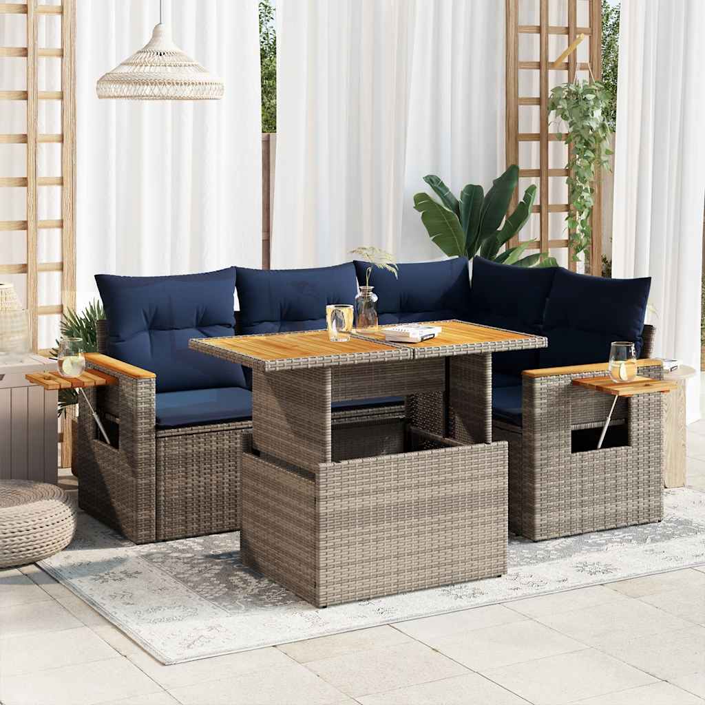 5-delige Loungeset met kussens poly rattan acacia grijs is nu te koop bij PeponiXL, paradijselijk wonen!