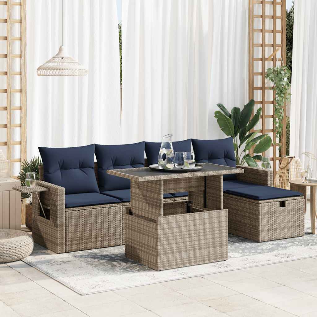 6-delige Loungeset met kussens poly rattan acacia grijs is nu te koop bij PeponiXL, paradijselijk wonen!