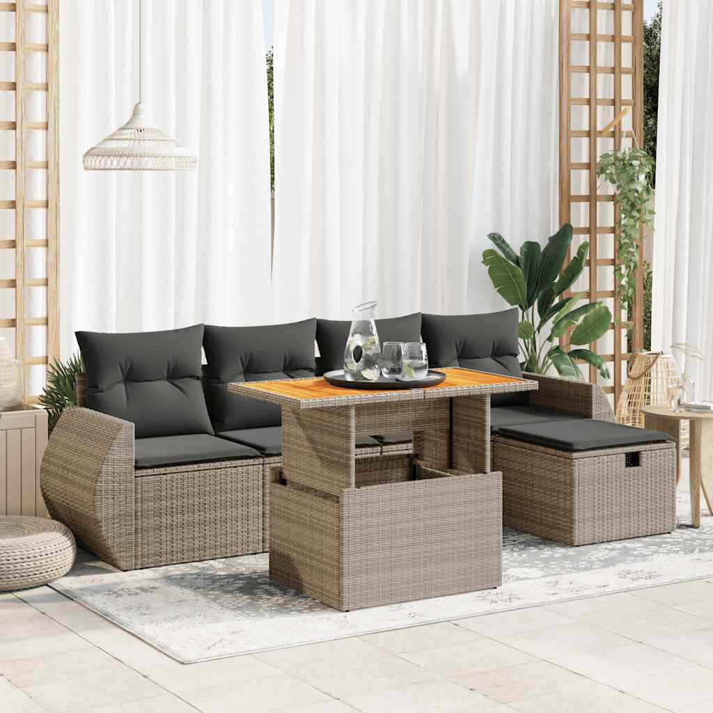 6-delige Loungeset met kussens poly rattan acacia grijs is nu te koop bij PeponiXL, paradijselijk wonen!