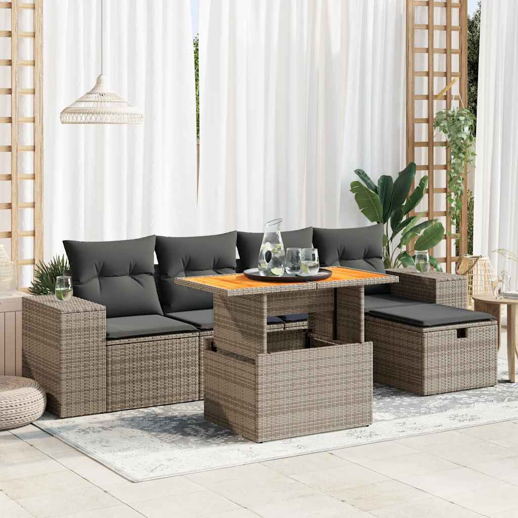 6-delige Loungeset met kussens poly rattan acacia grijs is nu te koop bij PeponiXL, paradijselijk wonen!
