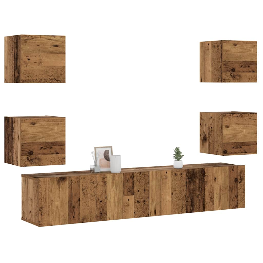 Tv-wandkasten 6 st bewerkt hout oud houtkleurig is nu te koop bij PeponiXL, paradijselijk wonen!