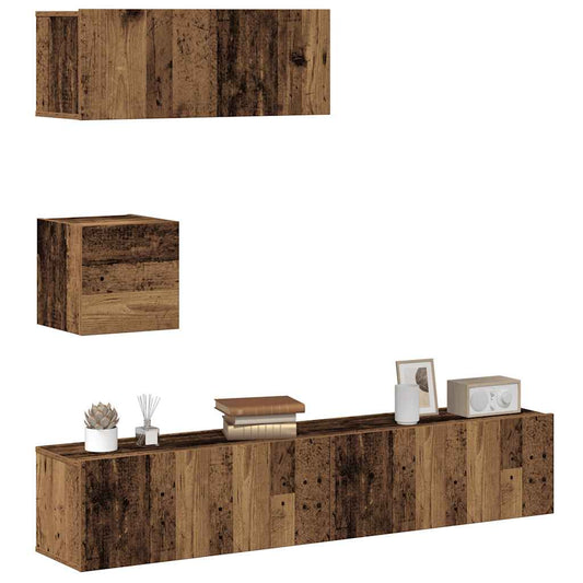 4-delig Tv-meubelset wandmontage bewerkt hout oud houtkleurig is nu te koop bij PeponiXL, paradijselijk wonen!