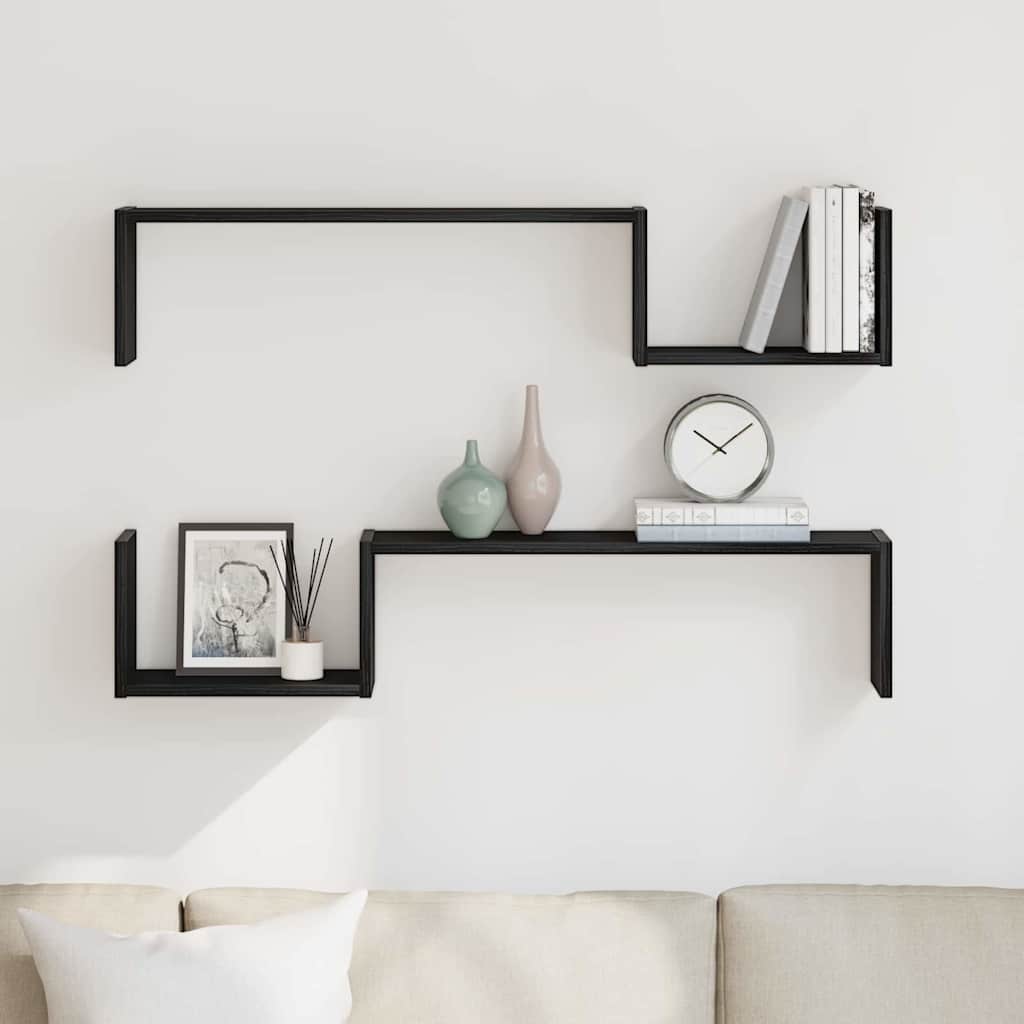 Wandplank 2 pcs Zwart Eiken 100 x 15 x 20 cm Bewerkt hout is nu te koop bij PeponiXL, paradijselijk wonen!