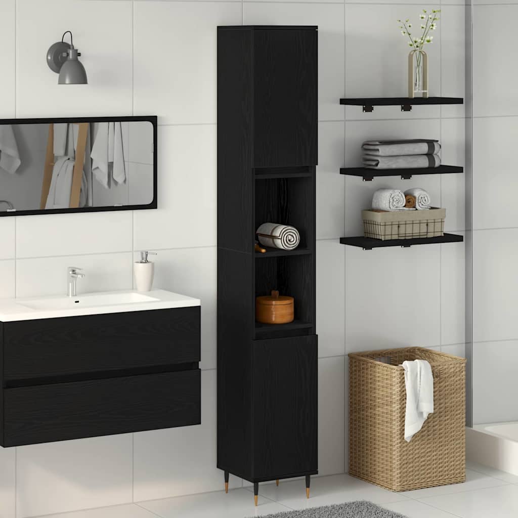 Badkamer Kast Zwart Eiken 30 x 30 x 190 cm Bewerkt hout is nu te koop bij PeponiXL, paradijselijk wonen!