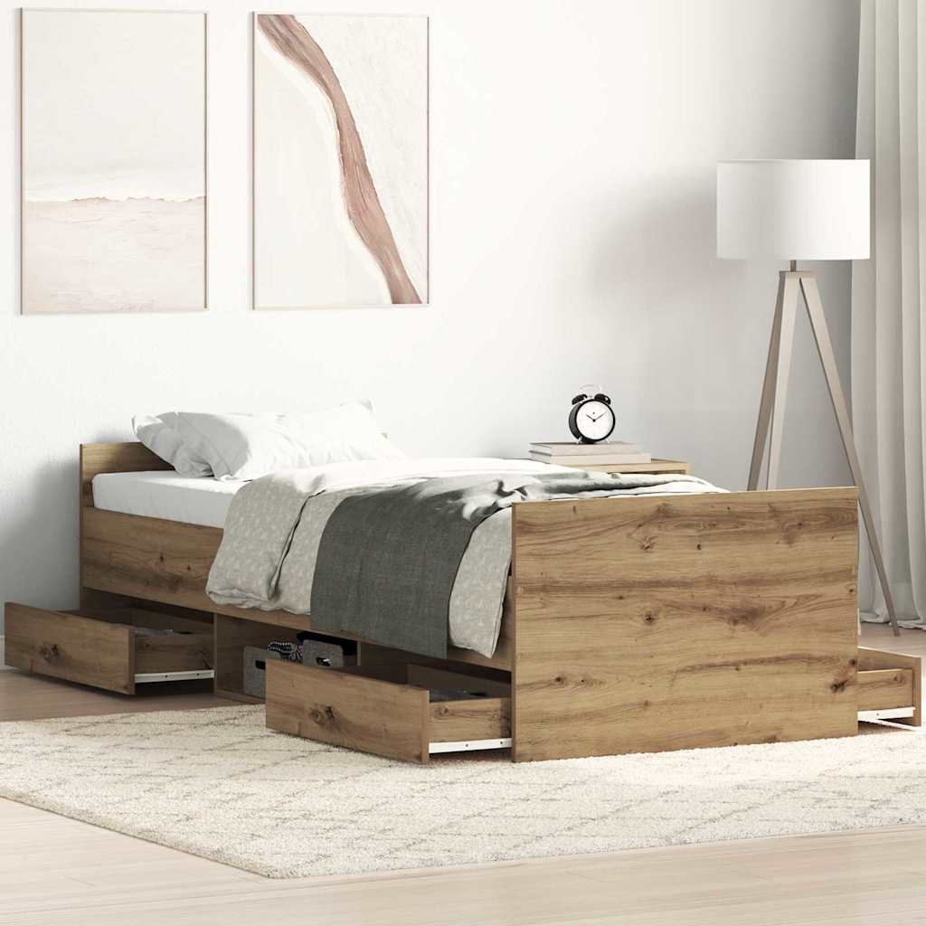 Bedframe met lade Artisan Eiken 193 x 78 x 50 cm Bewerkt hout is nu te koop bij PeponiXL, paradijselijk wonen!