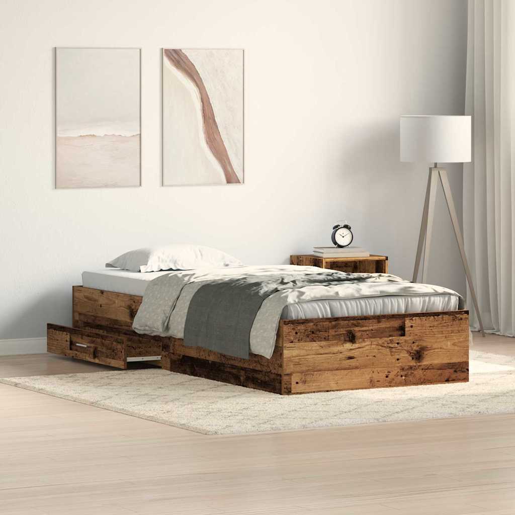 Bedframe met lade met opslag Oud Hout 90 x 190 cm Bewerkt hout is nu te koop bij PeponiXL, paradijselijk wonen!