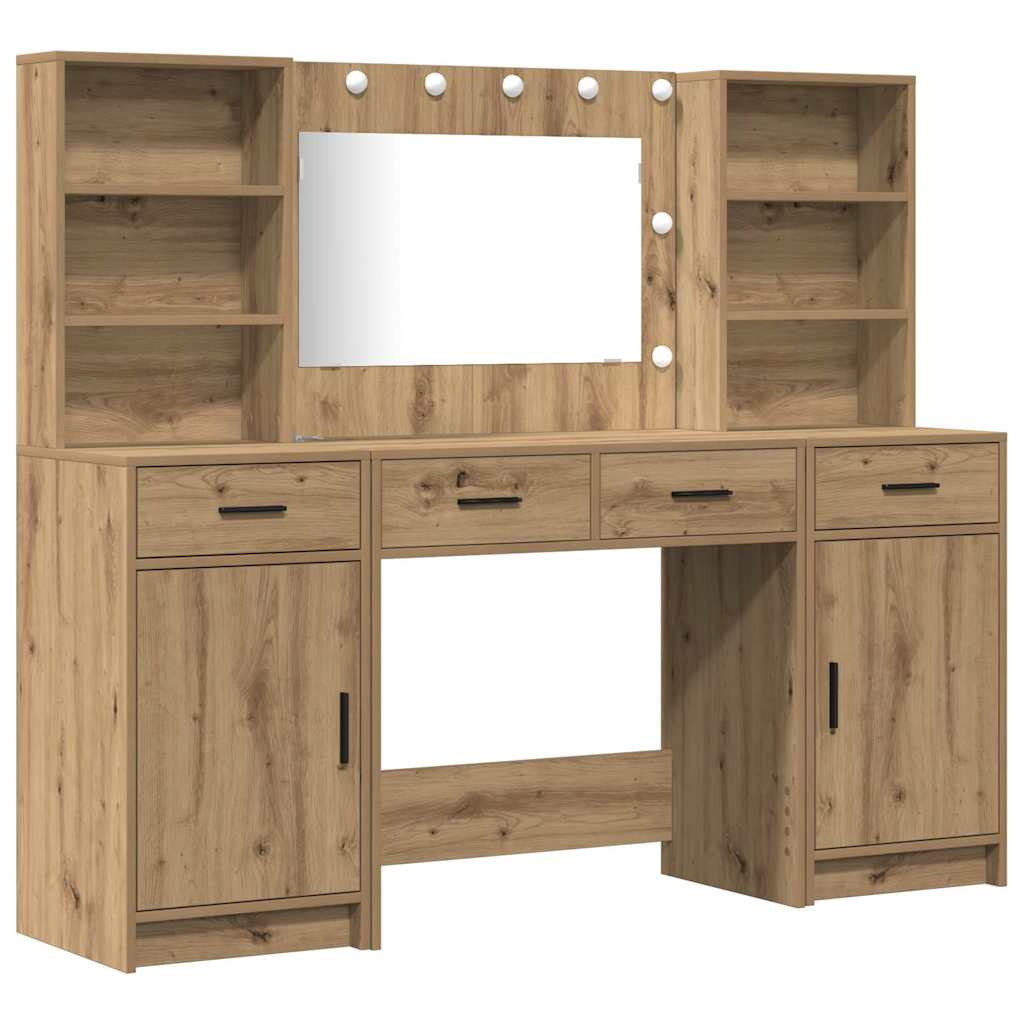 Make-up tafel set met LED 3 pcs Artisan Eiken Bewerkt hout is nu te koop bij PeponiXL, paradijselijk wonen!