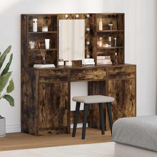 Make-up tafel set met LED 3 pcs Gerookt eiken Bewerkt hout is nu te koop bij PeponiXL, paradijselijk wonen!