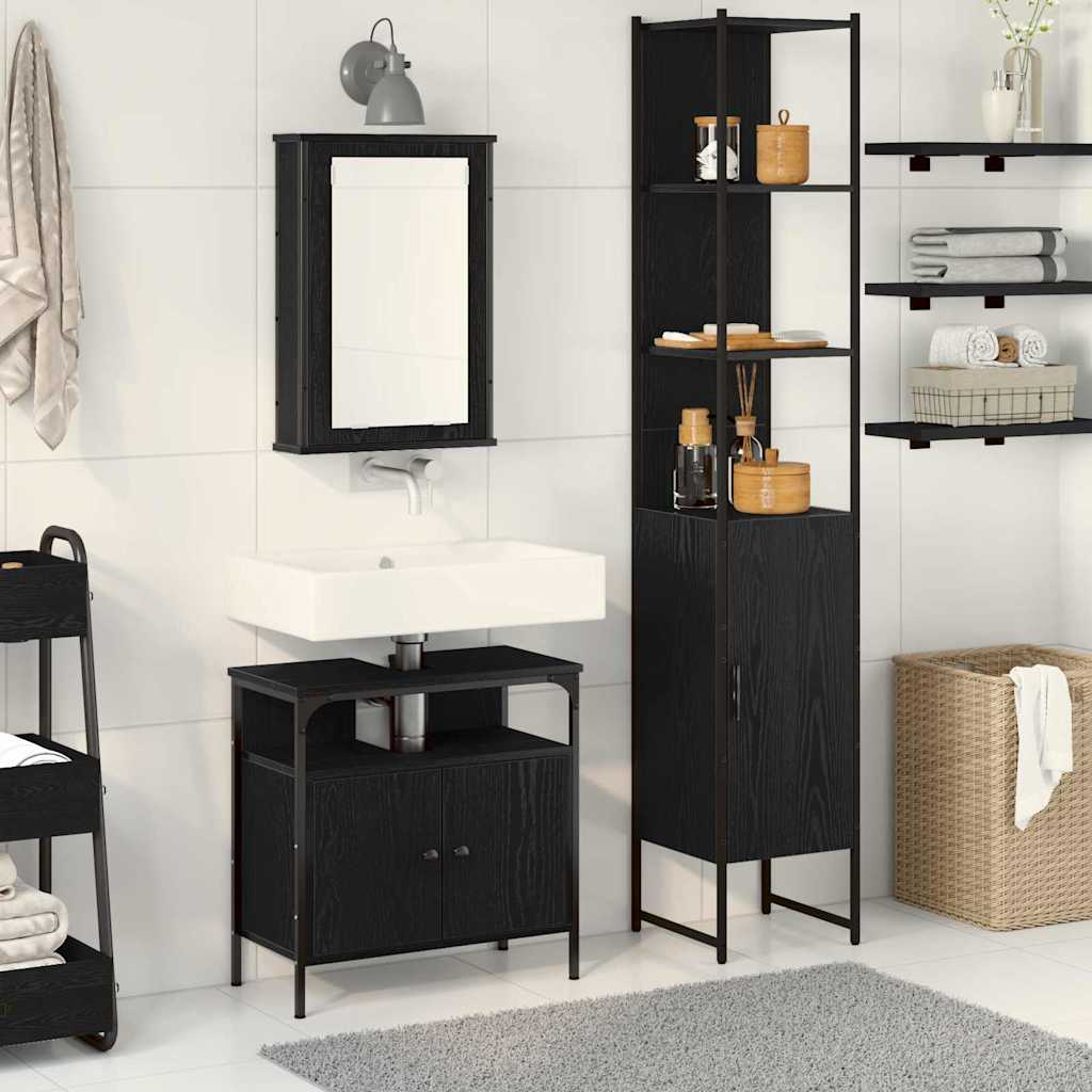 Badkamermeubelset met plank 3 pcs Zwart Eiken Bewerkt hout is nu te koop bij PeponiXL, paradijselijk wonen!