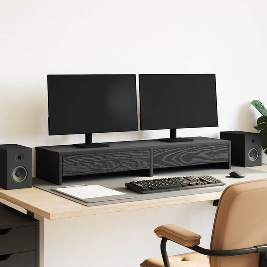 Monitorstandaard met lades, zwart eiken, 100 x 27 x 15 cm, bewerkt hout is nu te koop bij PeponiXL, paradijselijk wonen!