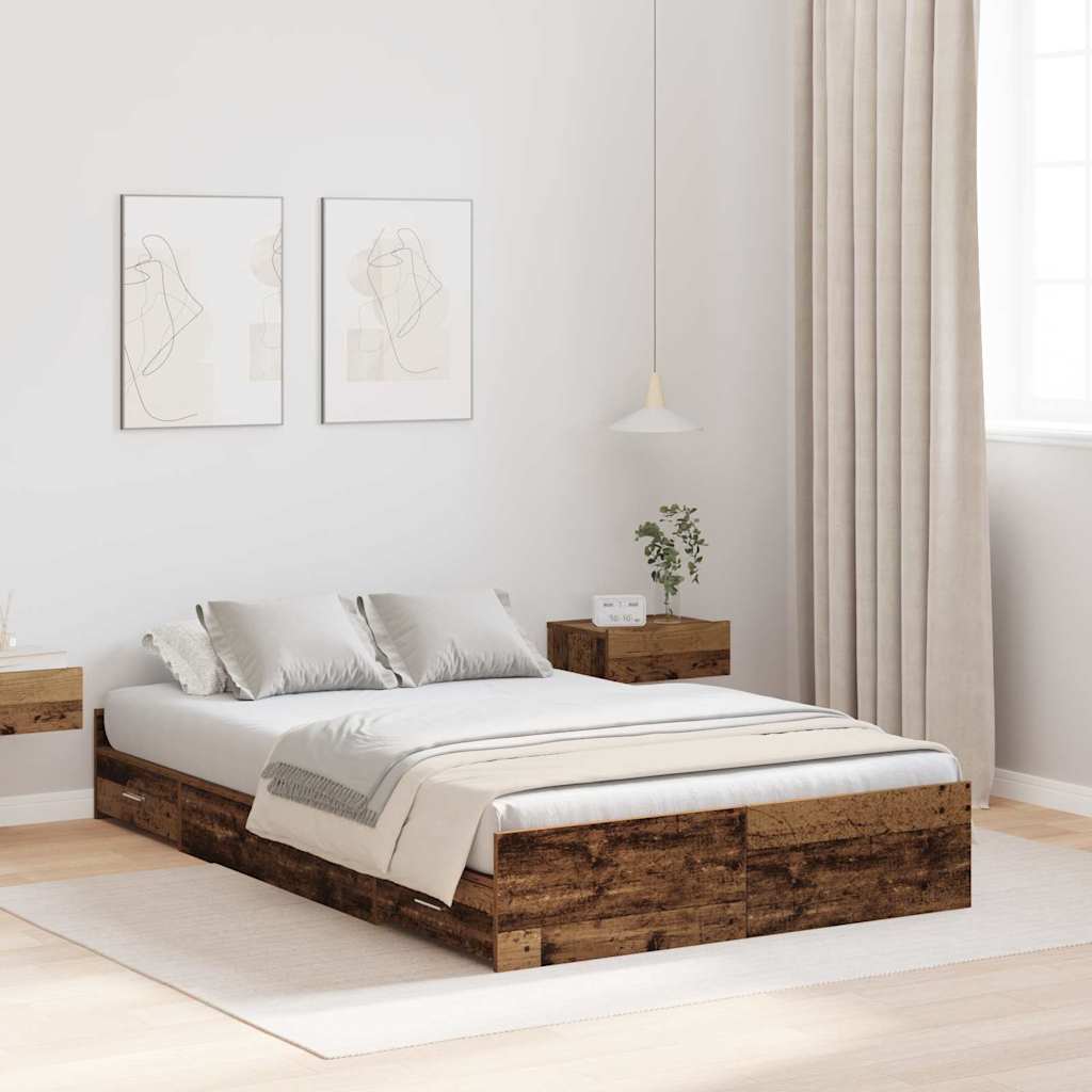 Opbergbedframe met lade Oud Hout 120 x 190 cm Bewerkt hout is nu te koop bij PeponiXL, paradijselijk wonen!
