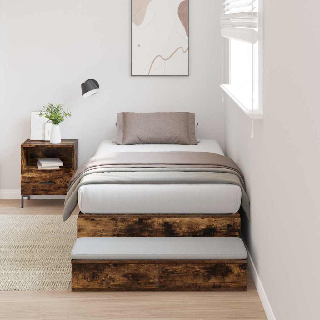 Opbergbedframe met lade Gerookt eiken 100 cm Bewerkt hout is nu te koop bij PeponiXL, paradijselijk wonen!