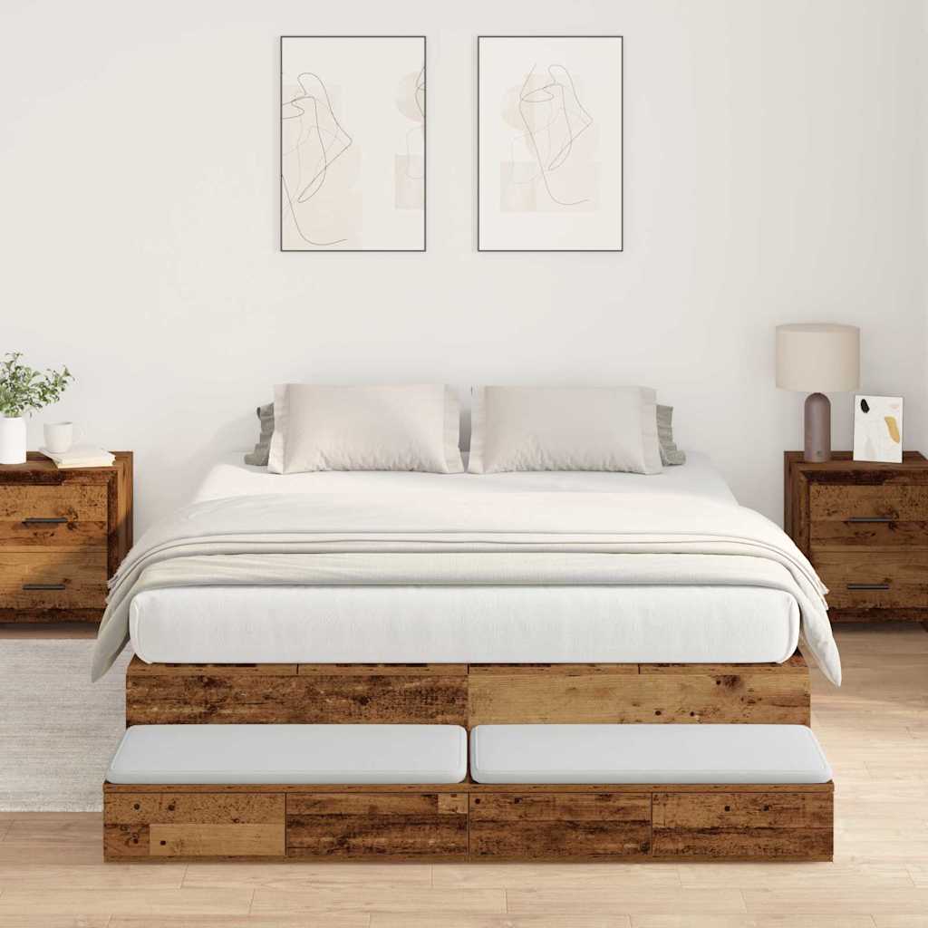 Opbergbedframe met lade met opslag Oud Hout 135 cm Bewerkt hout is nu te koop bij PeponiXL, paradijselijk wonen!