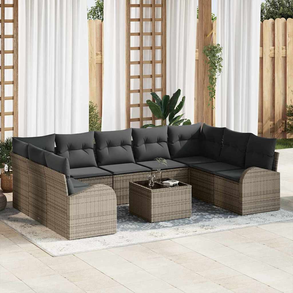 Bankstel met kussen 10 pcs Grijs Poly Rattan is nu te koop bij PeponiXL, paradijselijk wonen!