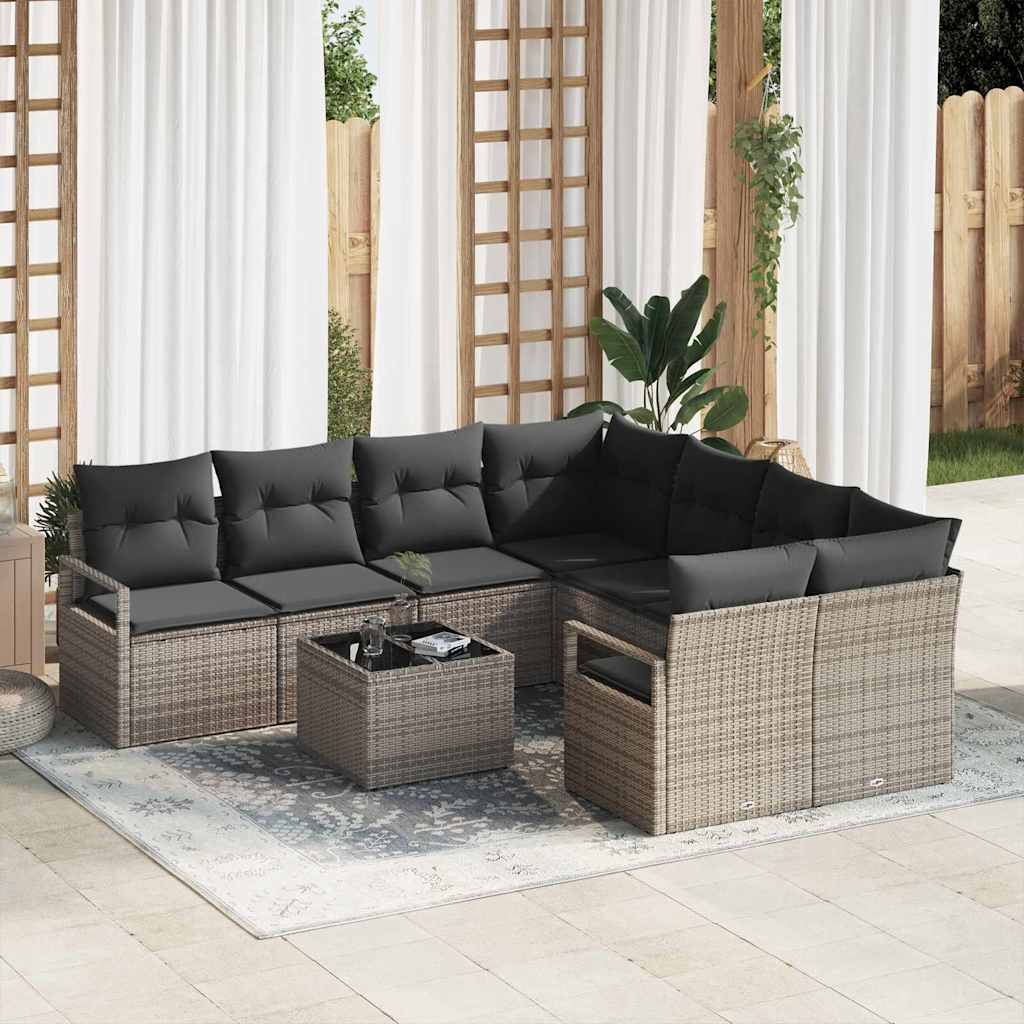Bankstel met kussen 9 pcs Grijs poly rattan is nu te koop bij PeponiXL, paradijselijk wonen!
