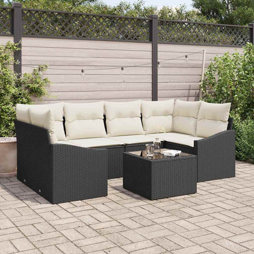 Bankstel met kussen met kussen 7 pcs Zwart en Crème poly rattan is nu te koop bij PeponiXL, paradijselijk wonen!