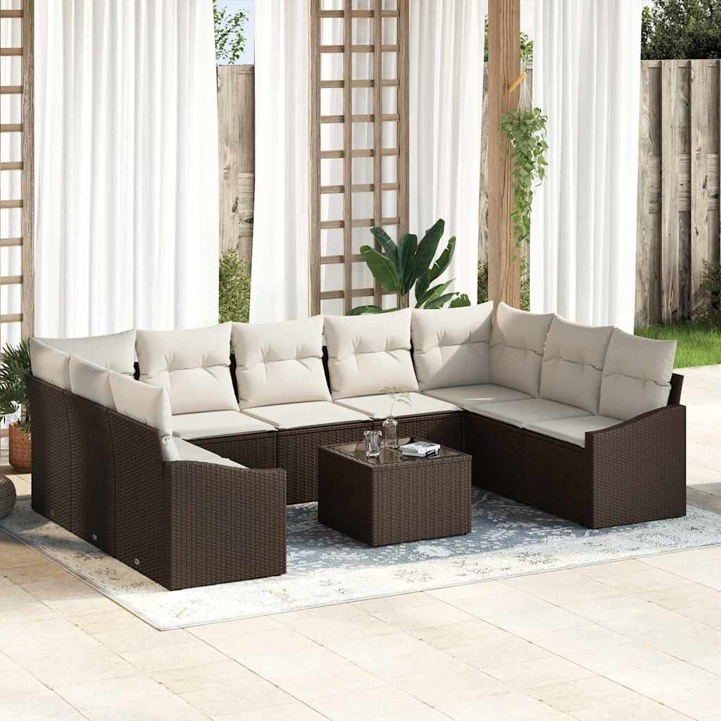 Bankstel met kussen 10 pcs Bruin poly rattan is nu te koop bij PeponiXL, paradijselijk wonen!