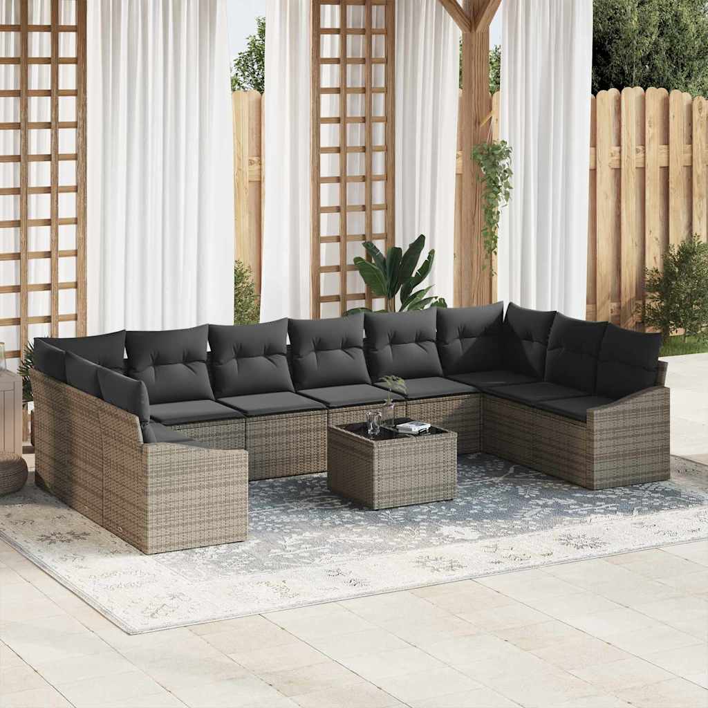 Bankstel met kussen 11 pcs Grijs poly rattan is nu te koop bij PeponiXL, paradijselijk wonen!
