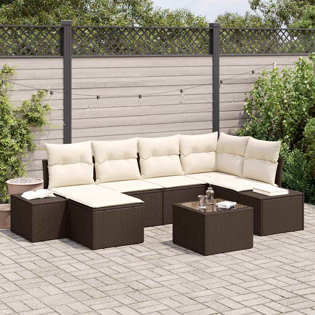 Tuin Sofa Set met kussen 7 pcs Bruin en Crème poly rattan is nu te koop bij PeponiXL, paradijselijk wonen!