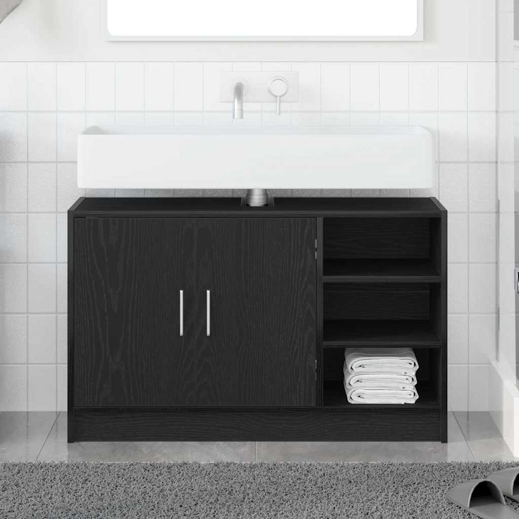 Badkamerkast met plank Zwart Eiken 90 x 29 x 55 cm Bewerkt hout is nu te koop bij PeponiXL, paradijselijk wonen!
